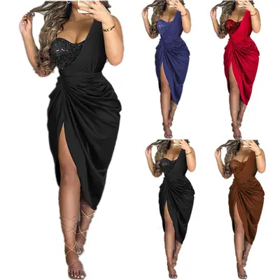 Women Sequined One-Shoulder Evening Dress Red High Quality
