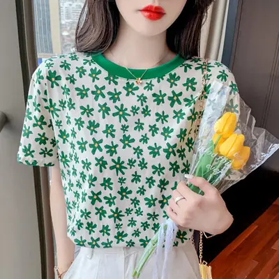 Women Loose Sleeveless T-Shirt Green Summer School Style