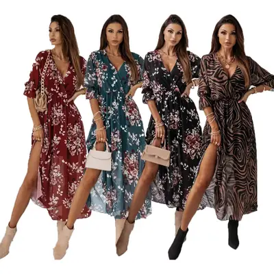 Women V Neck Chiffon Printed Side Slit Dress