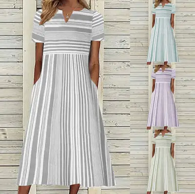 Women Plaid V-neck Short Sleeve Dress S-Grey