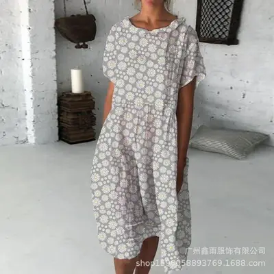 Women Sunflower Print Long Dress Summer Home Wear Grey
