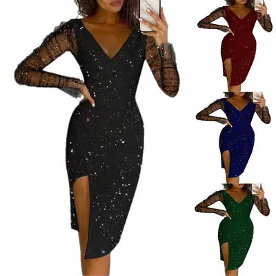 Women Mesh V-Neck Sheath Dress Black Winter