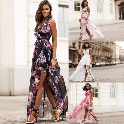 Women Chiffon Floral High Slit Maxi Dress Summer