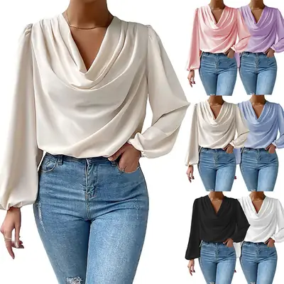 Women Chiffon Long Sleeve V-Neck Loose Top White