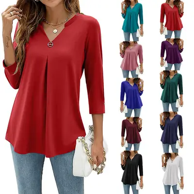Women V Neck Pleated 3/4 Sleeve T-Shirt Tops Multi Color Winter