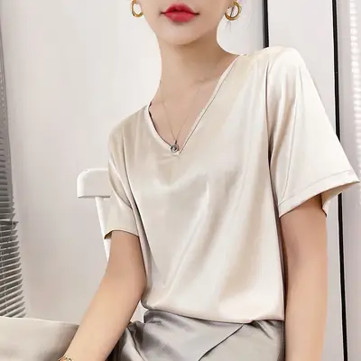 Women Simulated Silk V Neck T-Shirt White Summer