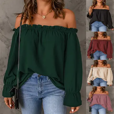 Women Off-Shoulder Chiffon Blouse Solid Color Long Sleeve