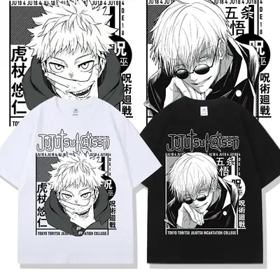White Anime Print T-Shirt for Men Short Sleeve High Quality