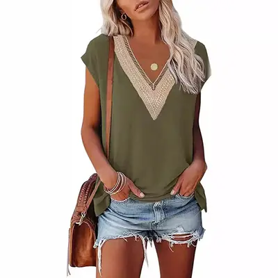 Women V-Neck Lace T-Shirt Army Green Summer Loose Fit