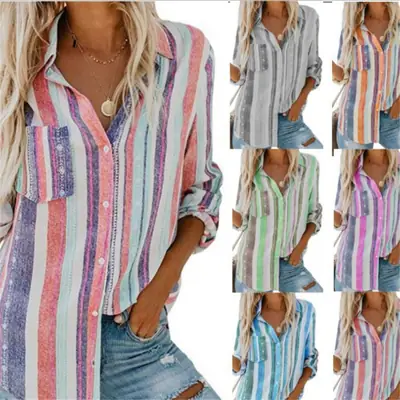 Women Striped Shirt Winter Plus Size Pink Durable