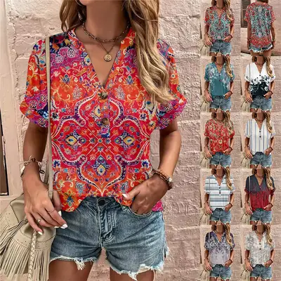 Women Printed Twist Button Top Summer Black