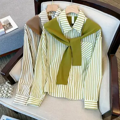 Women Striped Long Sleeve Shirt Green Autumn Stitched