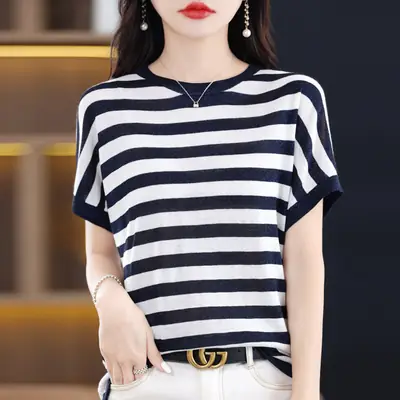 Women Silk Knitted T-Shirt Silver Thread Summer New