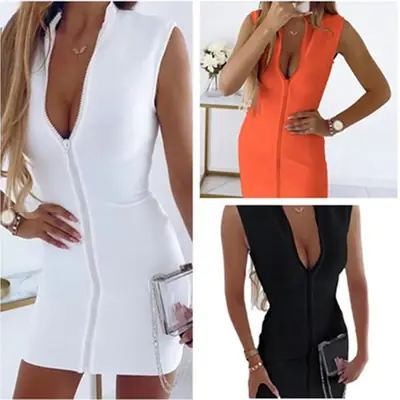 Women High Collar Sleeveless Zipper Dress White 2023