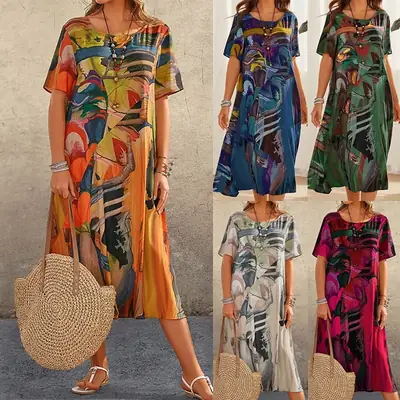 Women Printed Loose Beach Dress Summer Short Sleeve Casual