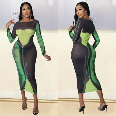 Women Mesh Printed Long Sleeve Dress S-Green Summer