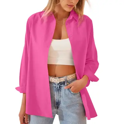 Women Loose Pink Long Sleeve Shirt Summer Casual Fit