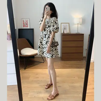 Women Daisy Floral Puff Sleeve Loose A-Line Summer Dress