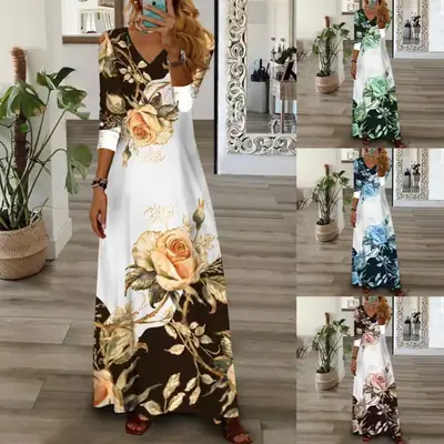 Women Floral Print V Neck Long Sleeve Maxi Dress