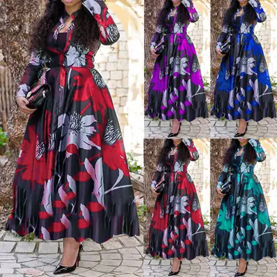 Women Floral Maxi Dress Red Purple Blue Green