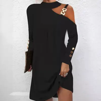 Black Asymmetric Shoulder Buckle Dress Women Autumn