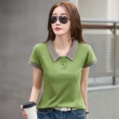 Women Cotton Polo T-Shirt Green Contrast Collar Summer