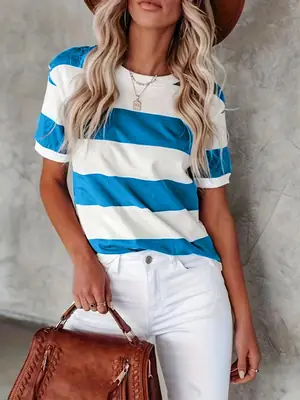 Women Striped Casual T-Shirt Navy Blue Summer