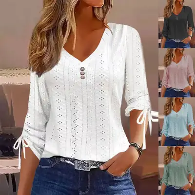 Women V-Neck Button Long Sleeve Top White Jacquard Winter