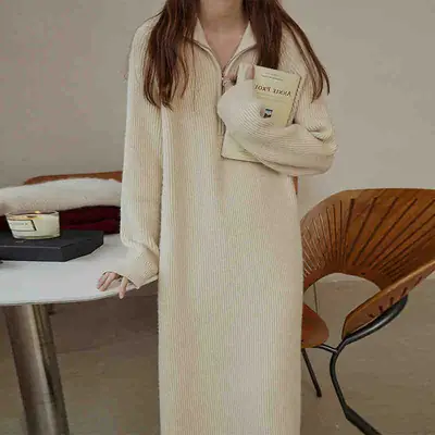 Women Knitted Half-Zip Sweater Dress Creamy White Loose Fit Winter