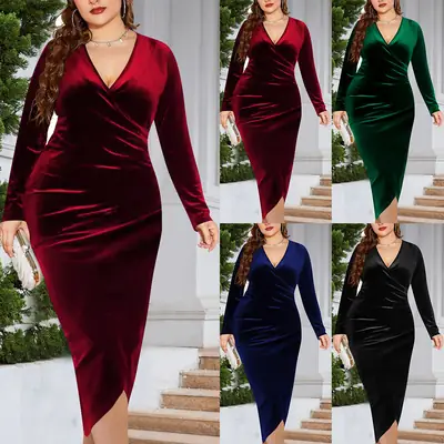 Plus Size Velvet Wrap Dress Deep V Neck Long Sleeve Red