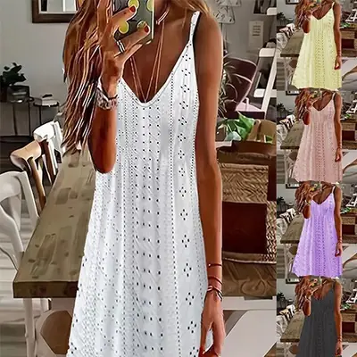 Women's Summer Hollow V-neck Dress White Solid New Collection