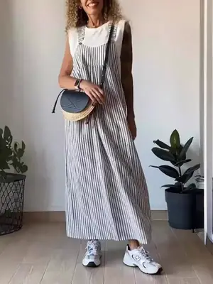Women Striped Strap Dress Summer Grey New Collection