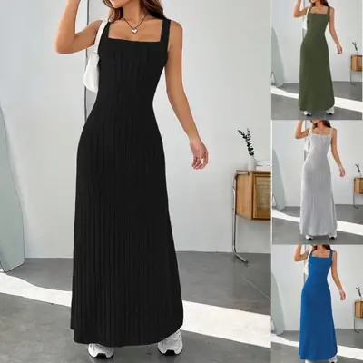 Women Slim Fit Long Dress Black Summer Casual Style