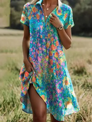 Women Printed V Neck Casual Dress Light Blue Short Sleeve
