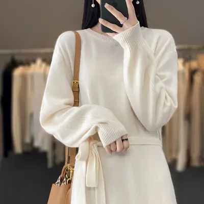 Plus Size Knitted Crewneck Dress Cream Winter