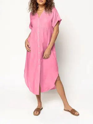 Women Loose Button Dress Pink Summer Casual