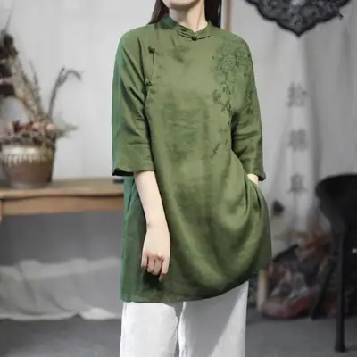 Women's Loose Cheongsam Dress M-Green Cotton Summer Plus Size