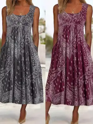 Women Vintage Loose Summer Dress Dark Gray 1XL