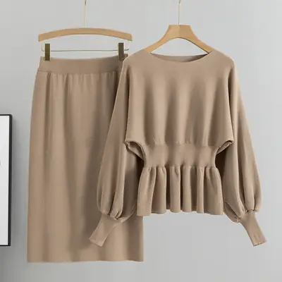Women Ruffled Sweater & Slim Skirt Set Beige Autumn
