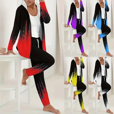 Women 3D Printed Hooded Trousers Suit White Winter Casual