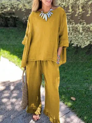 Women Cotton Two-Piece Suit Lemon Yellow Winter Wear