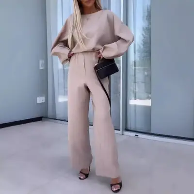 Women Solid Color Long Sleeve Suit Khaki Elastic Waist Pants