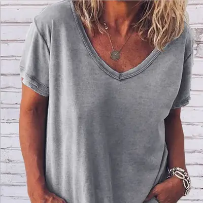 Women Loose V-Neck T-Shirt Gray Summer Casual