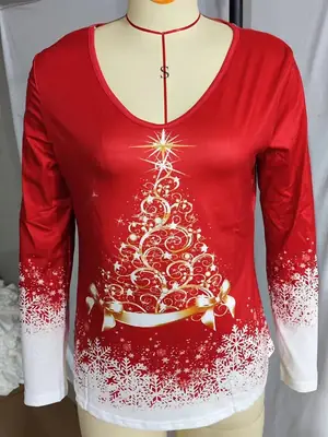 Women Christmas Printed V-Neck Long Sleeve T-Shirt Red White