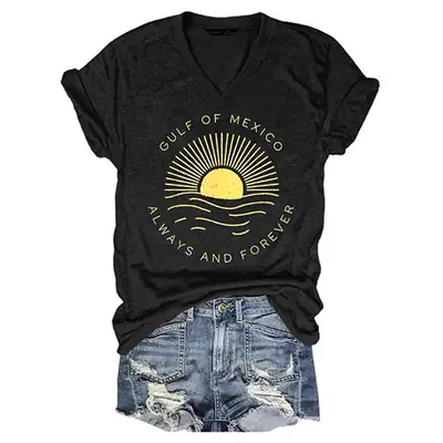 Black V-neck T-Shirt Gulf of Mexico Design Summer Wear