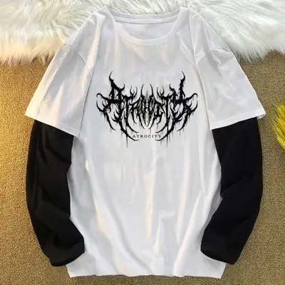 Women Loose Long Sleeve T-Shirt White Gothic Print Cotton Spring