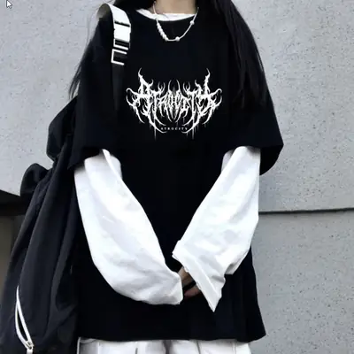 Women Loose Long Sleeve T-Shirt White Black Graphic Print Cotton Spring thumbnail 2