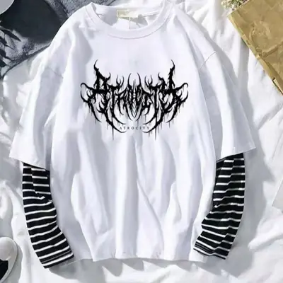 Women Loose Long Sleeve T-Shirt White Black Graphic Print Cotton Spring thumbnail 4