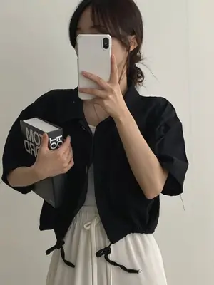 Women Black Short Sleeve Workwear Shirt Summer Retro Style