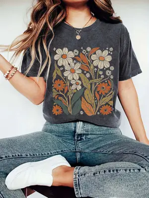 Women Floral Print T-Shirt Summer Casual White